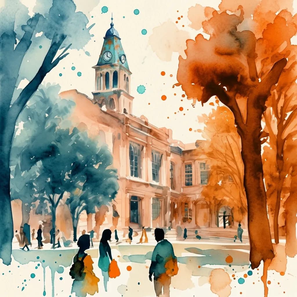 Watercolor illustration of a college campus in autumn, students crossing in front of a clock-tower building
