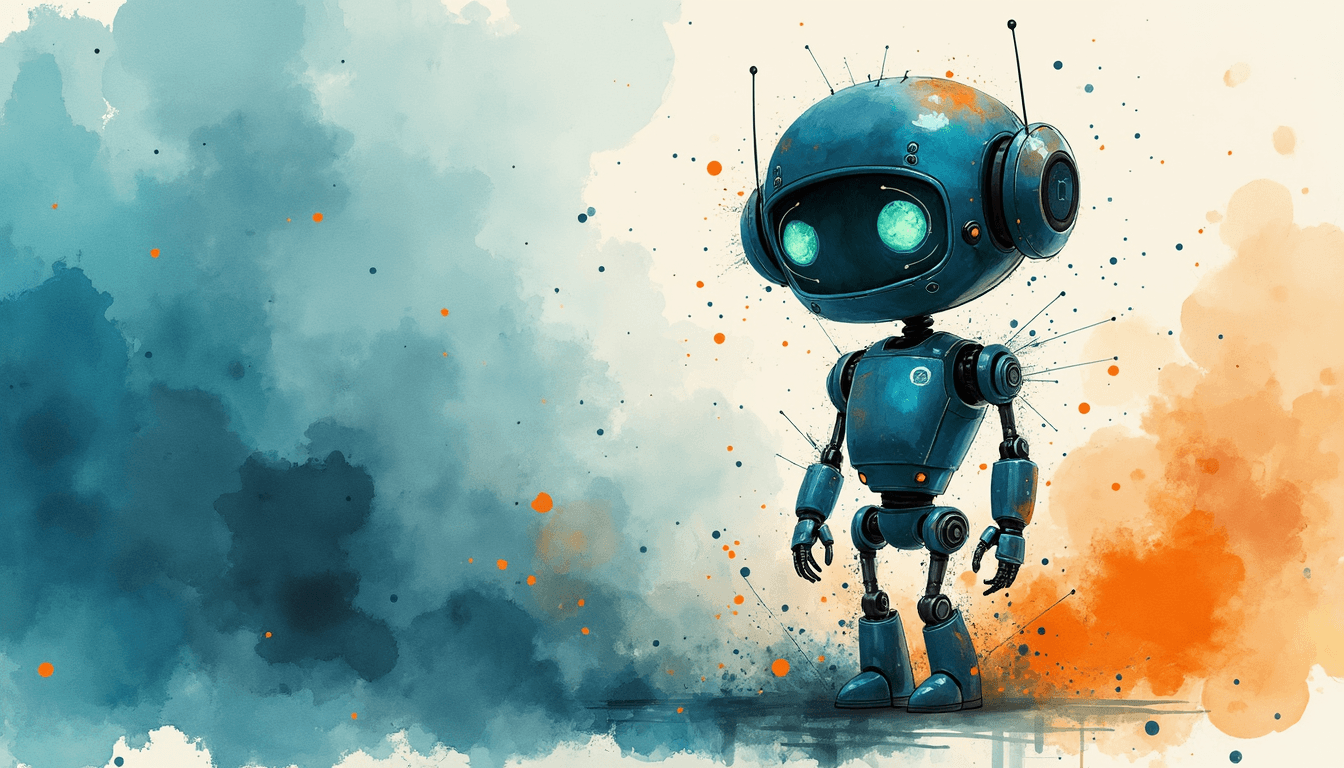 Watercolor illustration of a small blue robot standing amid teal and orange washes