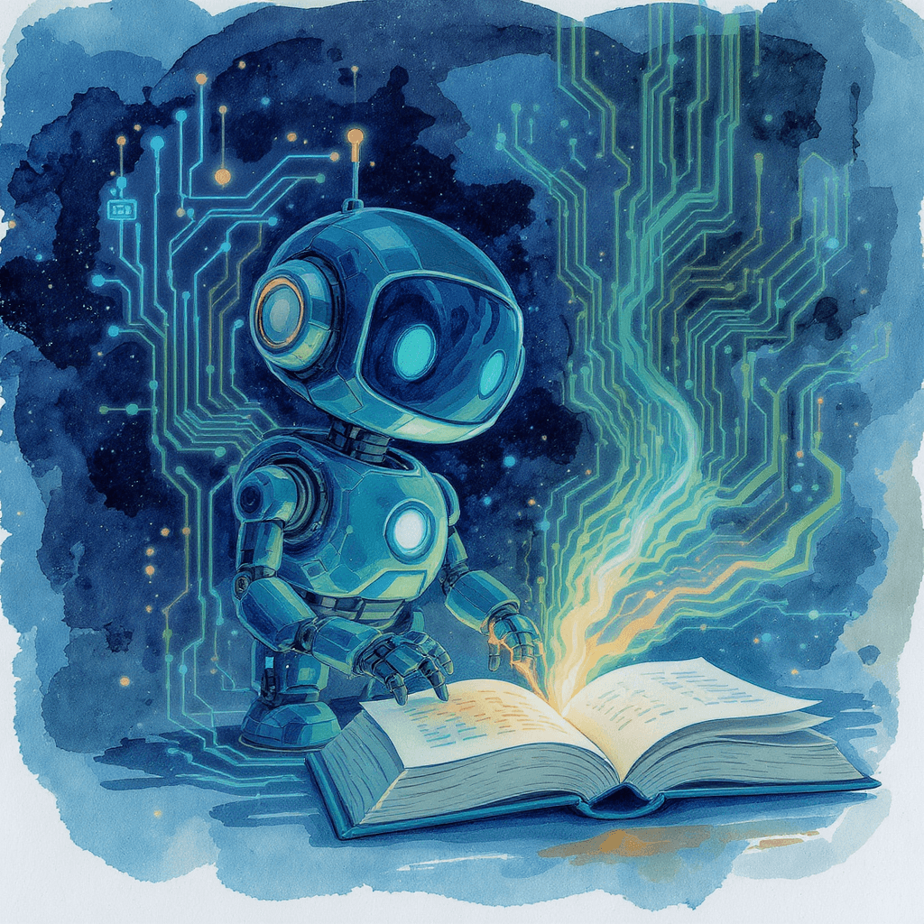 Watercolor illustration of a small robot reading a glowing book, circuit patterns rising behind it
