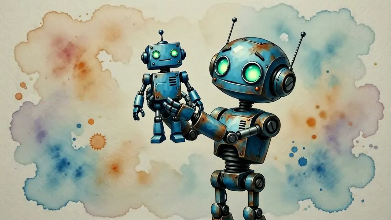 Watercolor animation of a robot building a smaller robot from scattered gears and tools