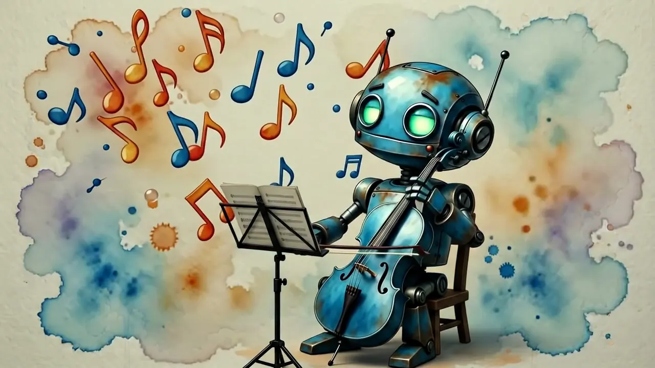 Watercolor animation of a robot learning the cello, music notes rising around it