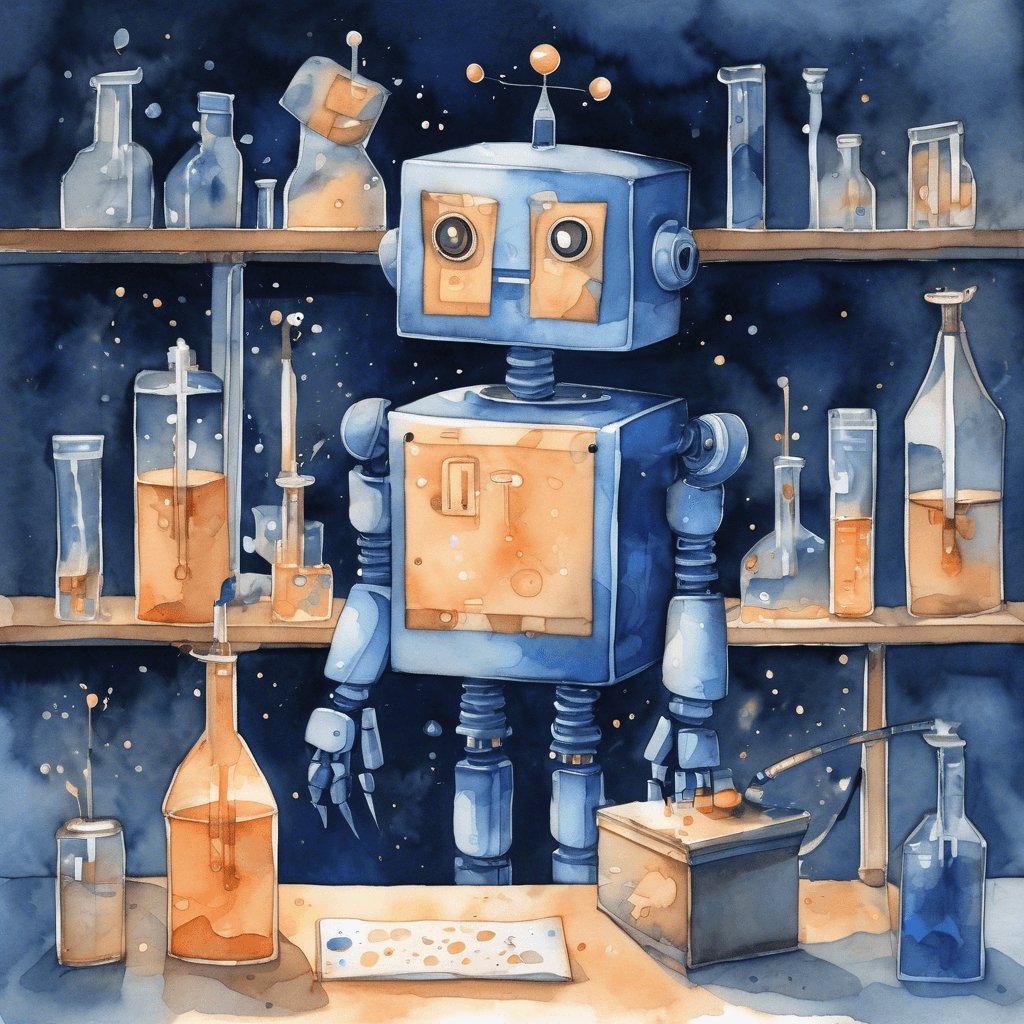 Watercolor illustration of a robot at work among lab glassware in navy and amber tones