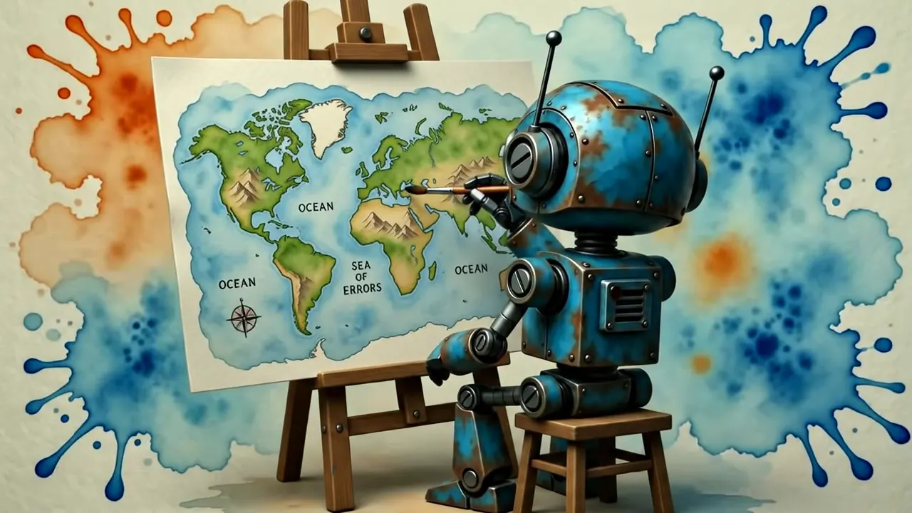 Watercolor animation of a robot painting a world map on an easel, charting a course