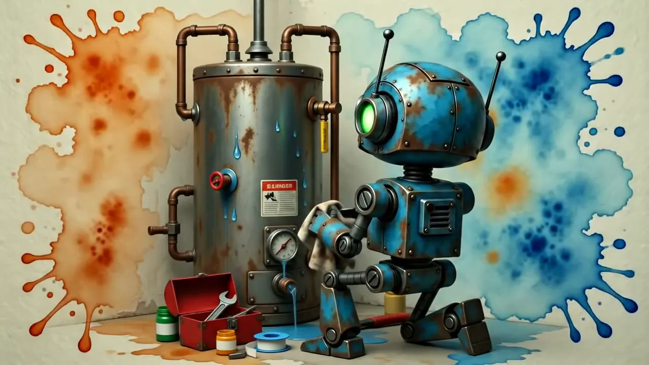 Watercolor animation of a robot pressure-testing a water tank with a wrench, toolbox open at its feet