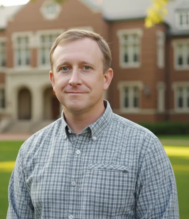 Adam Pryor, photographed outdoors in front of a brick campus building